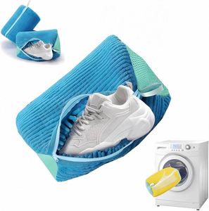 Sac de lavage rond en tissu non tissé durable pour toutes sortes de chaussures - Jaune avec fermeture éclair bleue pour baskets et chaussures décontractées - Product Image 6