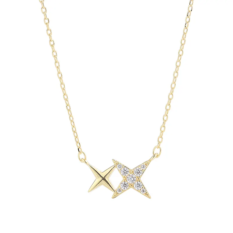 High Quality 925 Sterling Silver Double Star 24K Gold Full Diamond Necklace Jewelry for Women