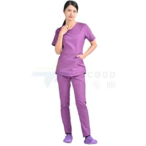 महिलाओं के बरगंडी 4-जेब वि गर्दन लघु आस्तीन और लंबी पैंट चिकित्सा Scrubs