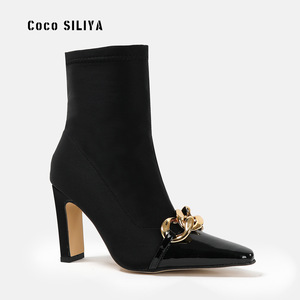 Coco SILIYA Solid Ankle <b>Bootie</b> Boots Pointed Toe Chunky Heel 8cm up Plush Lining Fashion Height Increasing Buckle Decoration - Product Image 4