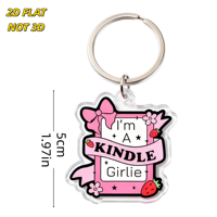 Aksesoris gantungan kunci akrilik Kindle Girlie, pita merah muda, stroberi & bunga dengan desain gulungan, liontin bening dua sisi