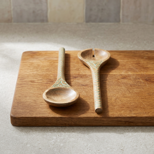 Wood salad servers feature <b>etched</b> enamel designs - Product Image 3