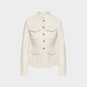 Trajes y blazers elegantes para mujer, chaqueta con diseño texturizado, cuello corto, botones dorados y bolsillos. - Product Image 5