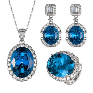 Factory Wholesale Eco-friendly Copper Big Oval Cut 15*20mm Blue Zircon Pendant Earrings <b>Set</b> Exquisite Jewelry <b>Sets</b> - Product Image 1