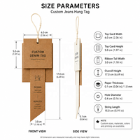 Étiquettes suspendues personnalisées en carton pour jeans, avec code-barres, cordon en coton, impression UV, découpées sur mesure, formes personnalisées, pour usage intérieur - Respectueuses de l'environnement