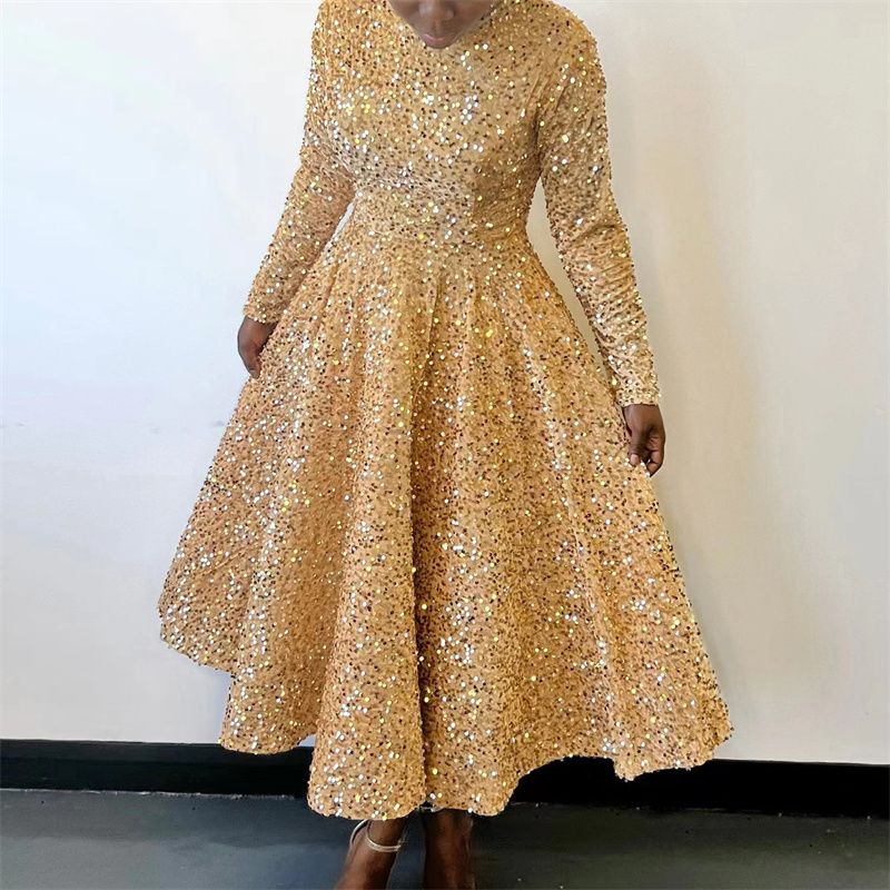 2024 Winter New Round Neck Long-sleeved Loose Elegant Dress S-XXXL Plus  Size Solid Color Sequin Dress| Alibaba.com
