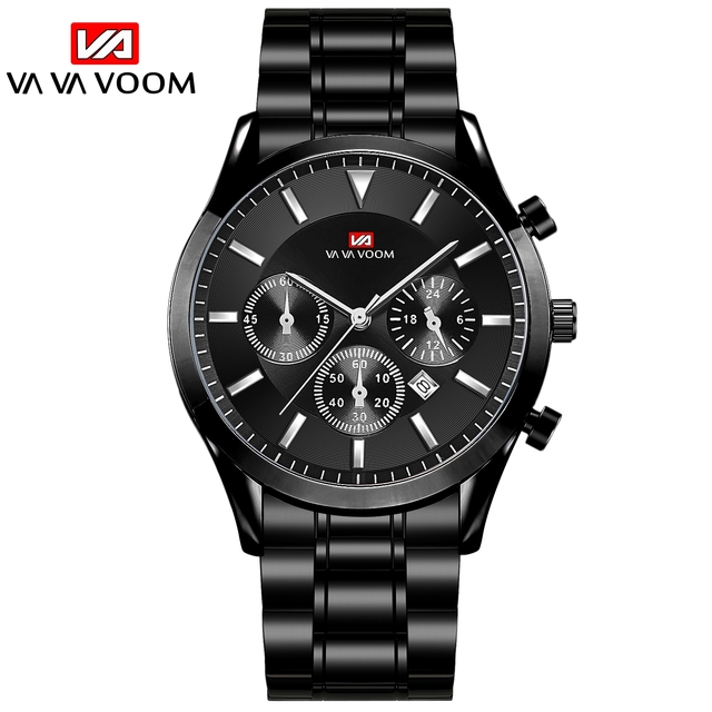 Minimalist Mens Sport Watch Triple Sub Dials Black Steel Band Casual Timepiece