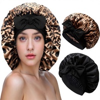 Topi Satin Motif Macan Tutul Lintas Batas dengan Pita Elastis Lebar, Penutup Kepala untuk Tidur, Perawatan Rambut, Gaya Turban, Cocok untuk Empat Musim