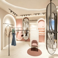 Aménagement intérieur de magasin de vêtements, personnalisation complète de la pièce, présentoirs pour magasin de vêtements, étagères de présentation de vêtements, décoration