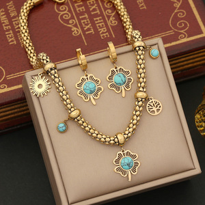 Nouvelles boucles d'oreilles de qualité, style bohème, plaquées or, chaîne épaisse, turquoise, PVD, acier inoxydable 316L, ensembles de bijoux pour femmes - Product Image 1