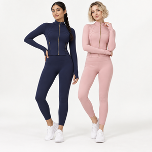 Ensemble de yoga extensible anti-transparence avec soutien élevé, comprenant une veste courte à coupe ajustée et un legging taille haute à maintien élevé pour les squats - Product Image 1