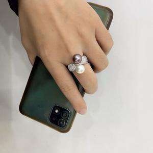 Anillo de Perlas Naturales de Grado Joyería, Doble Hilera, Elaborado con Plata Pura Dorada, Anillos de Diamantes Ligeramente Deslumbrantes de 9-10 mm - Product Image 4