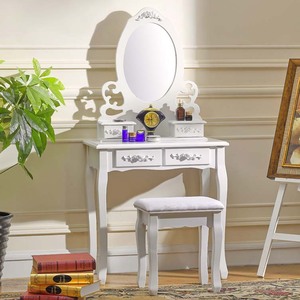 Modernes Schminktisch-Set im Französischen Stil in Weiß mit Dreifach-Spiegel und Hocker für die Wohnung, aus Holzwerkstoffplatte - Product Image 6