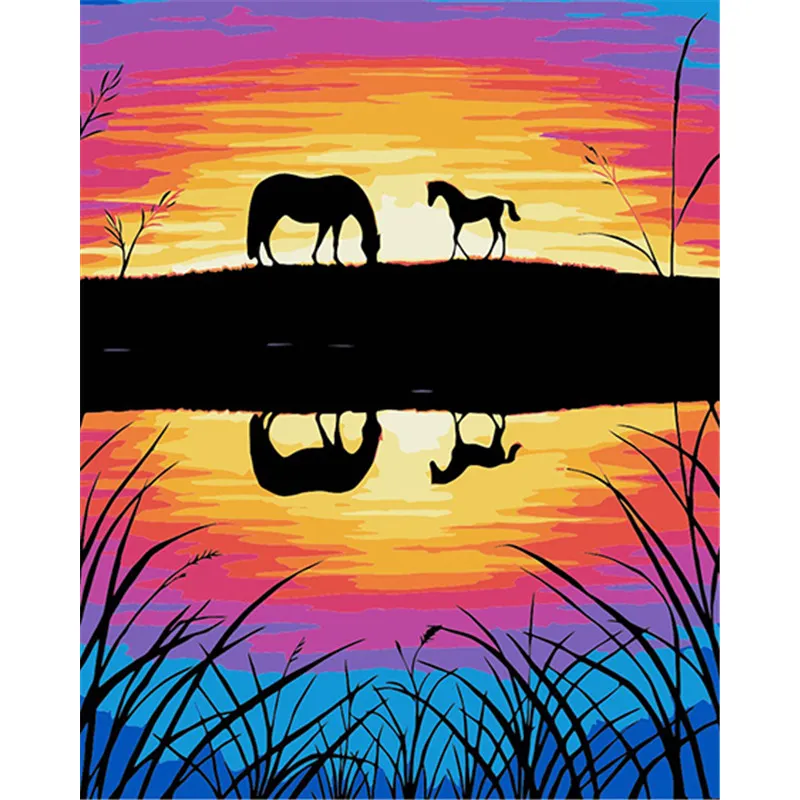 لوحة زيتية بالأرقام برسم خيول ذاتي الصنع على قماش غروب الشمس مع إطار جاهز صورة منظر طبيعي صور إلى مجموعات مخصصة