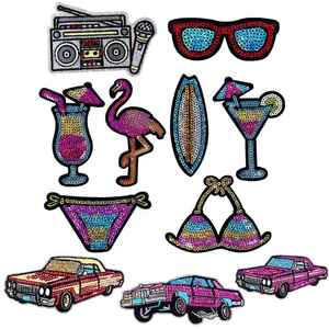 Iron-on Multicolor <b>Sequin</b> Embroidery Hawaiian Bikini Sunglass Surf Truck Car Cocktail Patch for Clothes <b>Bag</b> Decoration - Product Image 1