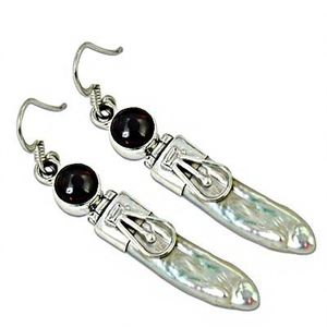 Vintage 925 Sterling Silver Garnet <b>Earrings</b> With Pearl Drop Design Women's Everyday Wear Jewelry - Product Image 1