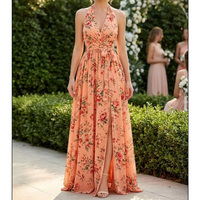 Robe longue d'été élégante à imprimé floral, col halter, décolleté plongeant, taille cintrée et fente – Style vacances