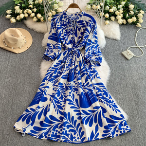 Vestido de mujer nuevo con cuello redondo, manga farol, cintura con cordones, efecto adelgazante, plisado y falda larga en línea A - Product Image 4