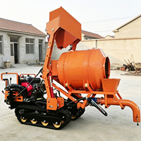 Bétonnière automotrice compacte 1000L sur chenilles en caoutchouc, entièrement hydraulique, avec chargement et déchargement automatiques, et fonction benne basculante