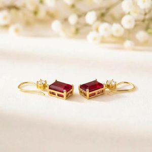 Natural <b>Red</b> Ruby Rectangle Faceted Dangle <b>Earrings</b> with CZ Accent in 925 Sterling Silver or 18K Gold Filled Minimalist Gemstone - Product Image 2