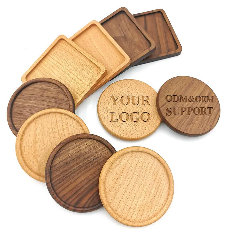 Tikar cangkir pabrik tatakan kayu alami massal dengan ukiran Laser Logo tatakan kayu kenari bambu kustom Logo hadiah kosong bulat