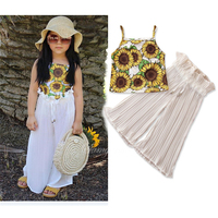 WHS87 New Summer Round Neck Rücken loser Sonnenblumen pullover Ärmellose Oberteile Hose Kinder kleidung Mädchen