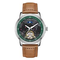 Montre mécanique automatique de luxe pour homme, squelette ajouré, phase de lune, lumineuse, étanche, bracelet en cuir véritable, montre-bracelet professionnelle pour homme