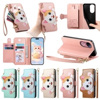 Étui portefeuille en cuir avec fermeture éclair et multiples fentes pour cartes pour Samsung Galaxy A06 A16 A26 A36 A56 5G A15 A25 A35 A55 A05 A05S, avec cordon et motif chat