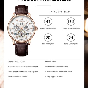 POEDAGAR 1409 Montre-bracelet automatique de luxe étanche lumineuse avec date et jour, bracelet en cuir, montre homme, tourbillon, montres mécaniques tendance - Product Image 6