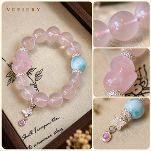 สร้อยข้อมือประดับลูกปัดควอตซ์สีชมพู พร้อมประดับพลอยสีน้ำเงินและจี้รูปหยดน้ำสีชมพู - Product Image 3