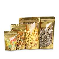 Sachet d'emballage personnalisé en aluminium doré avec fenêtre, fermeture éclair refermable, résistant à l'humidité, pour noix, haricots rouges, sucre et snacks