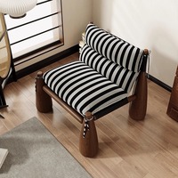 Fauteuil de détente moderne en bois avec revêtement en tissu rayé, coussin en éponge et inclinaison manuelle pour salon