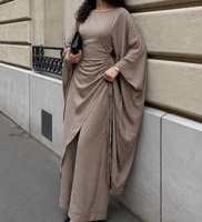 Set Abaya Dua Potong Mexizo untuk Wanita, Atasan Lengan Lonceng Panjang dan Celana Kaki Lebar dengan Desain Tali Serut Samping yang Dapat Disesuaikan, Model Longgar