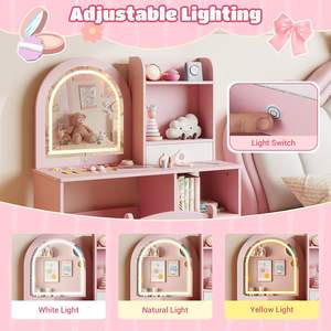 <span class=keywords><strong>Table</strong></span> de maquillage rose en <span class=keywords><strong>bois</strong></span> pour enfants avec étagères de rangement pour chambre <span class=keywords><strong>à</strong></span> coucher, coiffeuse pour fillette avec miroir et lumières - Product Image 5