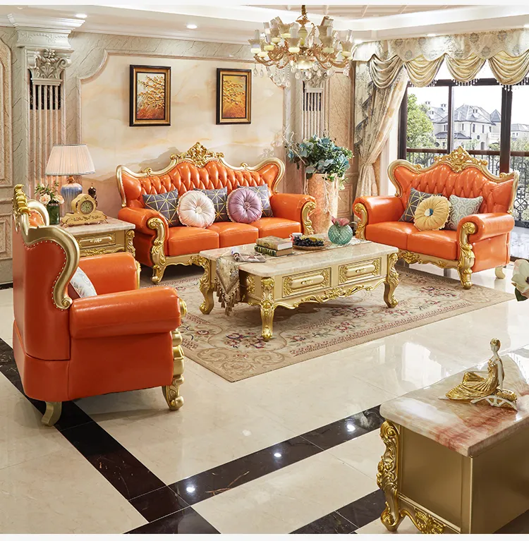 Combinaison de canapé en cuir sculpture en bois massif haut de gamme villa de luxe salon ensemble de meubles de maison entière