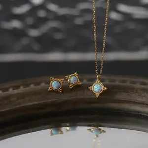 Wholesale Vintage Mini Jewelry Sets 18K Gold Plated Stainless Steel Blue Opal Inlay Star Necklace Earring Sets