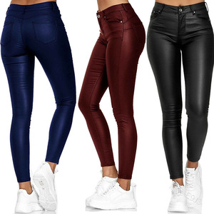 Femmes <span class=keywords><strong>Noir</strong></span> PU Faux <span class=keywords><strong>Cuir</strong></span> <span class=keywords><strong>Slim</strong></span> Fit Leggings Taille Moyenne Zipper Fly Plat Avant Streetwear Style En Gros - Product Image 1