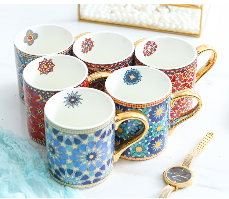 Vintage Moroccan Style Ceramic Coffee Cups with Gold Handle
