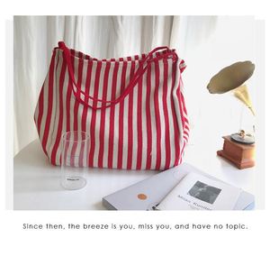 Customized Closure Fashion Canvas Lining Shoulder Large Capacity Korean Retro Striped All Seasons Street Style <b>Tote</b> <b>Bag</b> Handbag - Product Image 6