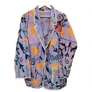 Hand Stitched Embroidered Black Kantha Reversible Mandarin Collar Winter Jacket <b>Coat</b> Indian Handmade Quilted Patchwork Kimono - Product Image 1