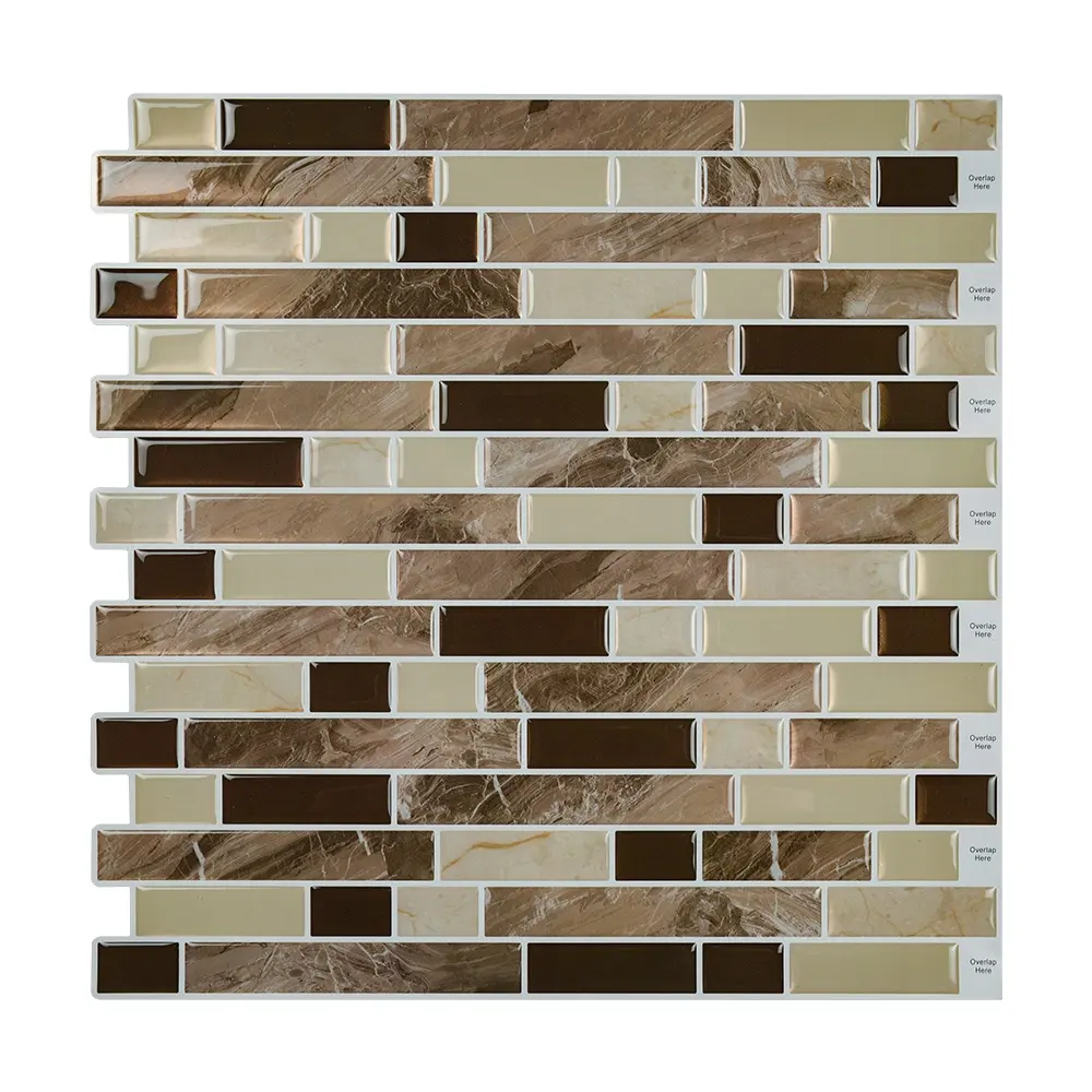 Bastone di mosaico in Gel PU effetto marmo marrone su adesivo da parete con buccia e bastone per piastrelle Backsplash