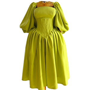 Solid Trendy <b>Summer</b> Spring Women's <b>Dresses</b> <b>Casual</b> Sweet Square Collar Lantern Sleeve High Waist Slim A-line 100% Cotton Washable - Product Image 1