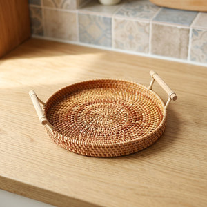 Round Rattan Serving <b>Tray</b> With Bamboo Handles Natural Finish Decorative <b>Basket</b> For Home Use - Product Image 3
