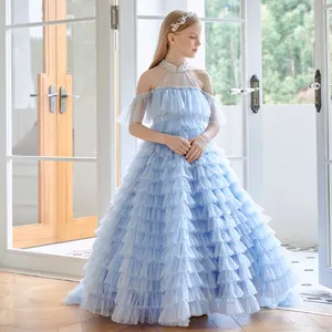 Vestido de baile plissado princesa Pommel para meninas, vestido luxuoso de aniversário longo até o chão, com ombro de fora