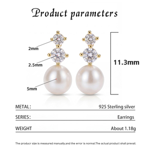 Copper 18K <b>Gold</b> Plated Double CZ White Pearl Drop <b>Earrings</b> for Women Round Zircon <b>Dangle</b> Pearl Stud Jewelry Bridal Gift - Product Image 6