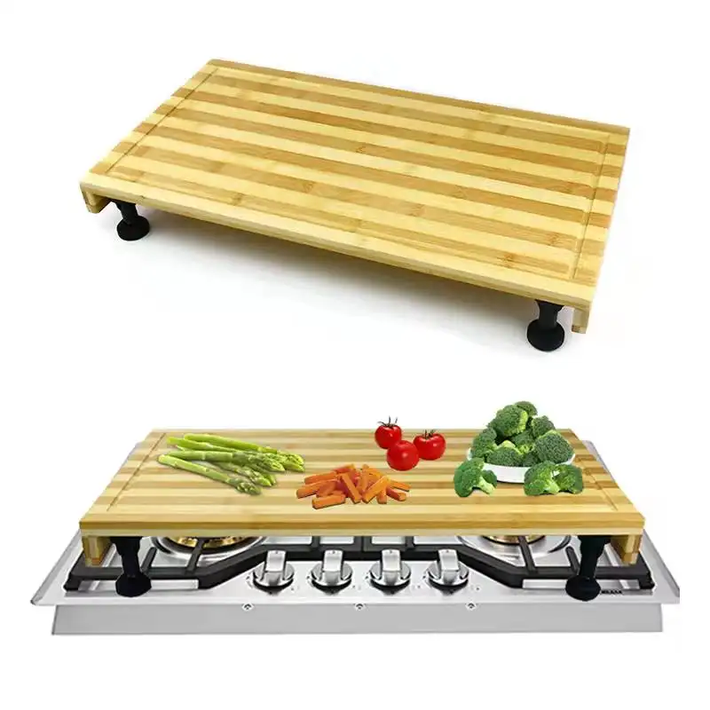 Tábua de cozinha multifuncional, tábua para cortar, bloco de açougueiro, cobertura de fogão, bambu, placa de corte de madeira com pernas ajustáveis