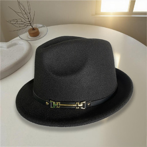 Fedora Hat <b>Woolen</b> Solid Color Small Brim Unisex Winter Fashionable <b>Top</b> Hat With Bow Detail - Product Image 1