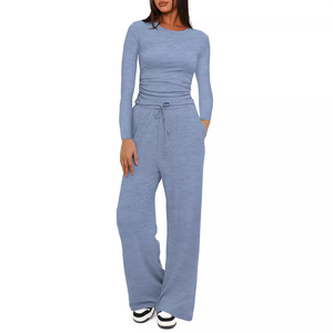 Ensemble de détente minimaliste pour femmes en 2 pièces, haut court à <span class=keywords><strong>manches</strong></span> <span class=keywords><strong>longues</strong></span> légèrement ajusté, pantalon large, survêtement décontracté pour les sports de plein air - Product Image 3