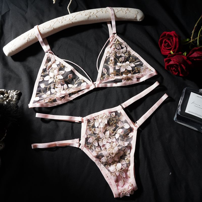 Wholesale Three Point Women Lace Flower Embroidery Cheap Sexy See Through Underwear Lingerie Set for Women Ladies