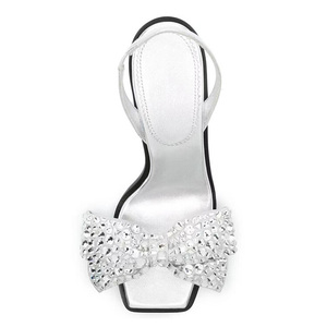 Sandales à talons hauts pour femme avec nœud et strass argentés, talon fin, plateforme, pour l'été - Product Image 2